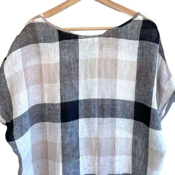 Buffalo Plaid Cuffed Sleeves 100% Linen Top - Picture 2 of 5